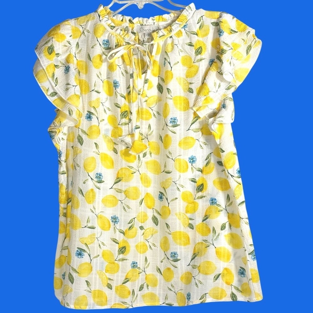Chenault NEW Large Lemon &‎ Floral print V tie neck Ruffle sleeves
